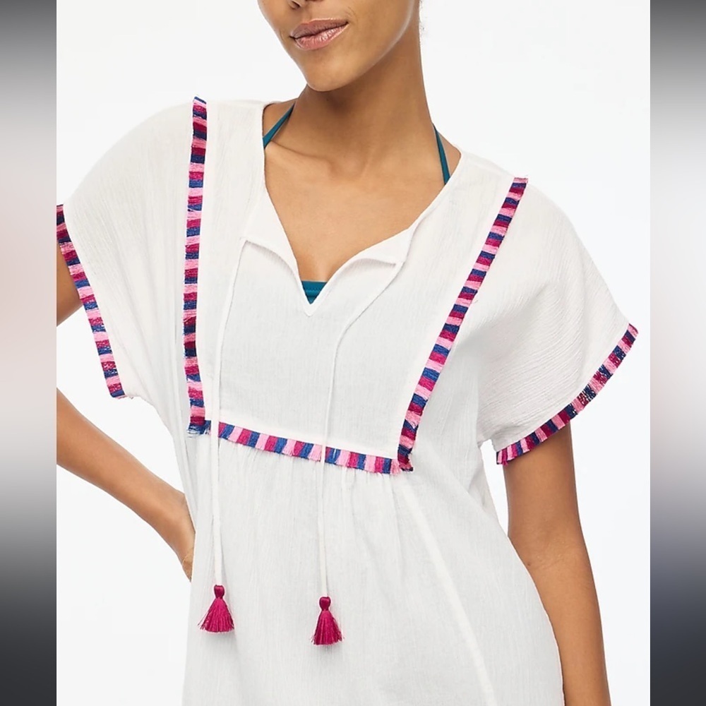 J. Crew Gauze Fringe Beach Tunic Swim Cover Up Size S White/Blue/pink pool vacay